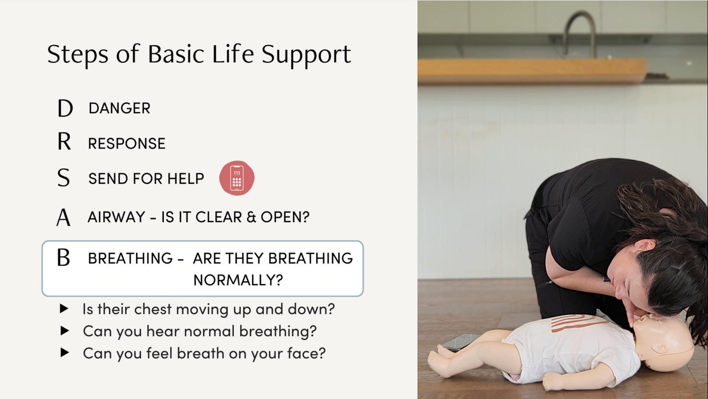 Person performing checks on a mannequin with text on basic life support steps.