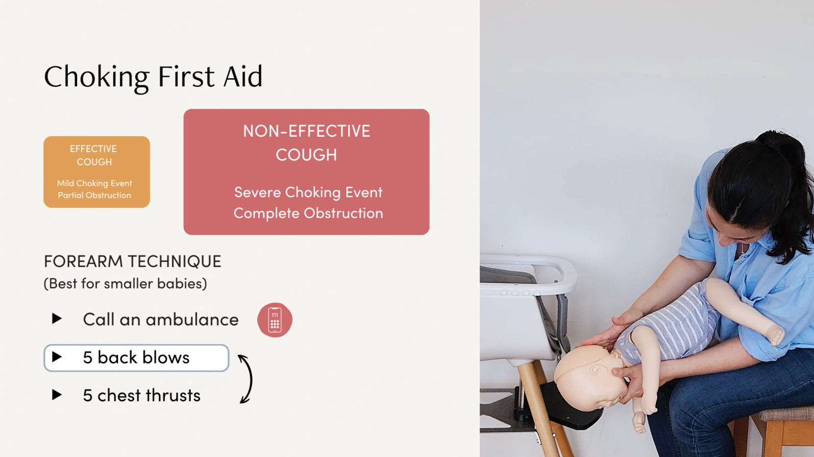 Choking first aid demonstration with a woman and a mannequin on a white background.