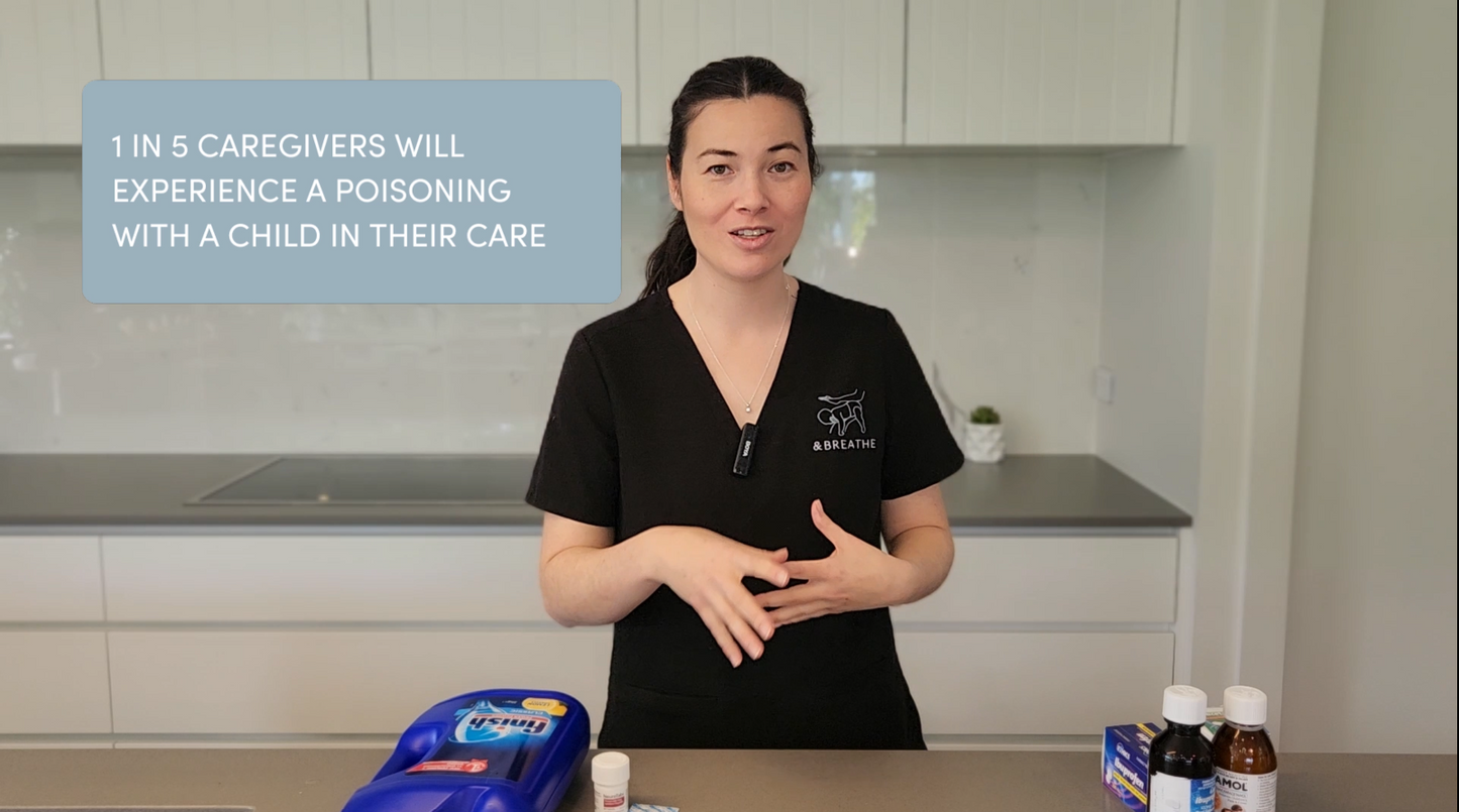 Person in a black shirt standing in a kitchen with  products on the counter.