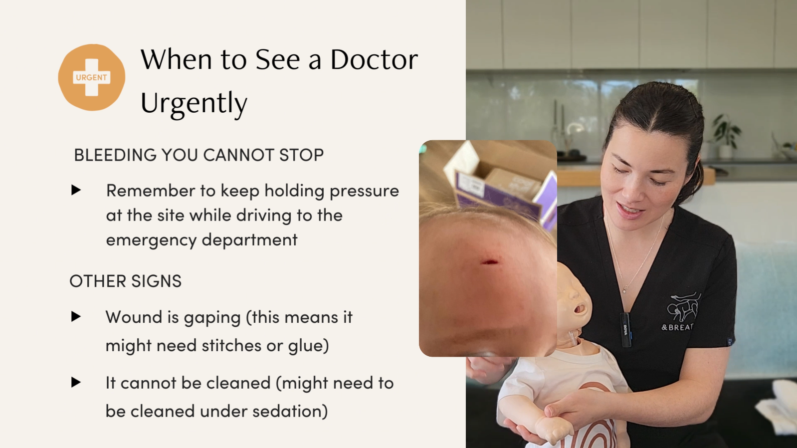 Woman holding a baby with text on how to know when to see a doctor urgently.